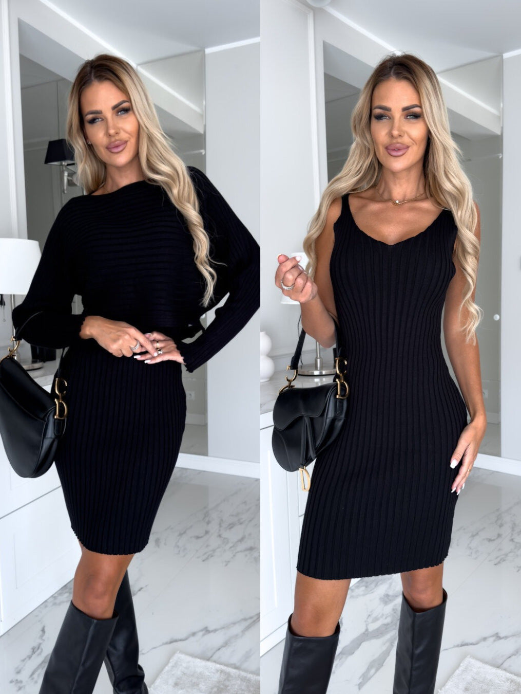 Ensemble 2 pièces Femme : Haut à rayures solides manches longues et jupe à bretelles ajustée – Mode Automne Hiver Vêtement Slim