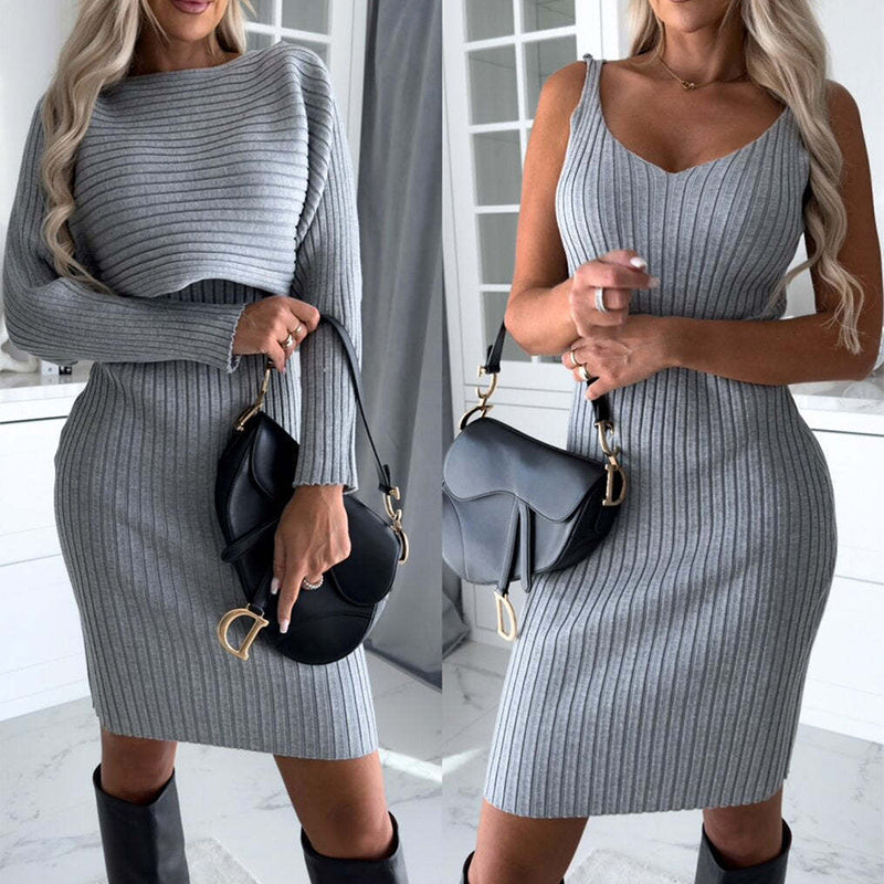 Ensemble 2 pièces Femme : Haut à rayures solides manches longues et jupe à bretelles ajustée – Mode Automne Hiver Vêtement Slim